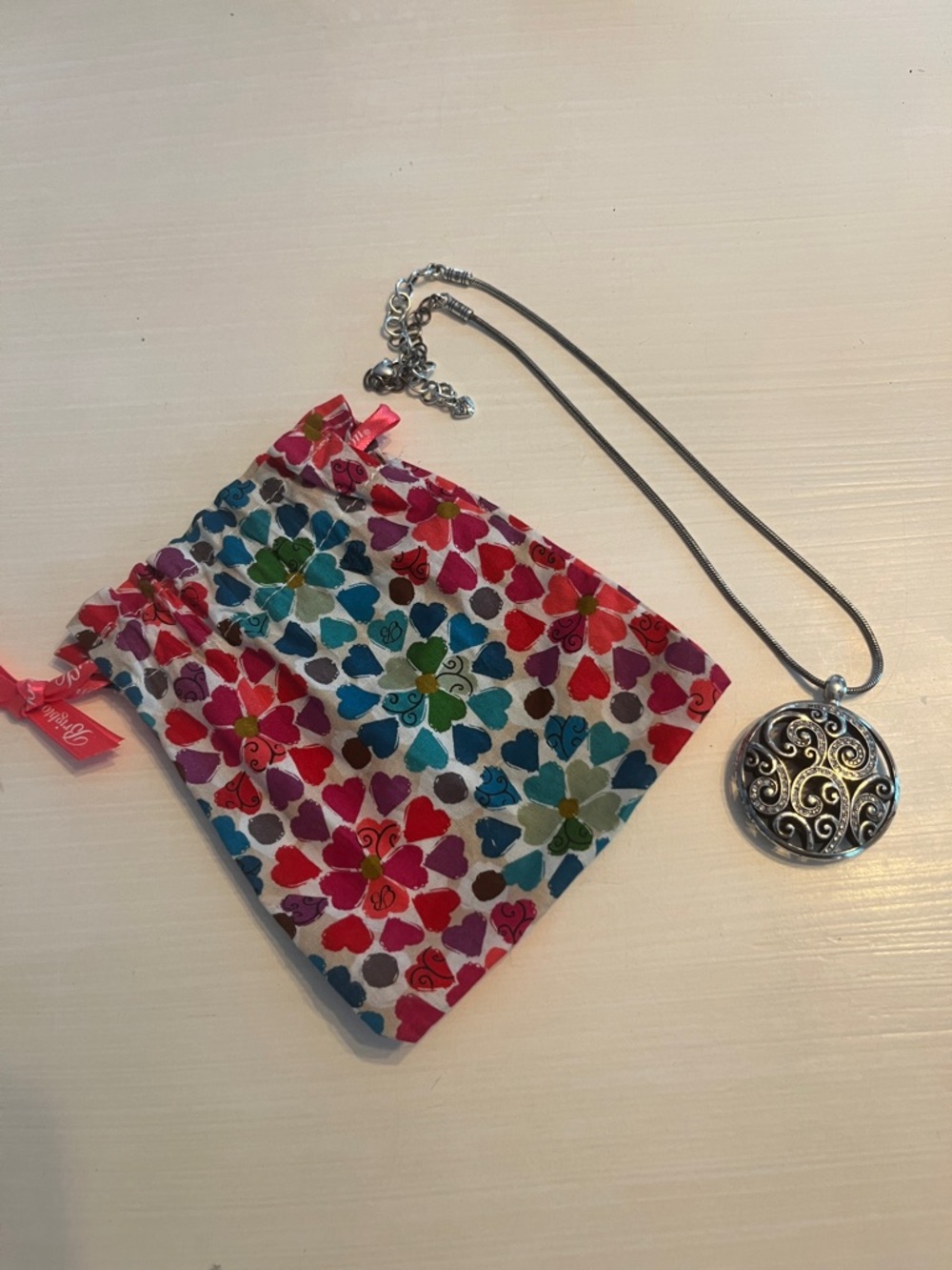 Brighton Silver Filigree Pendant Necklace with Multicolor Floral Pouch